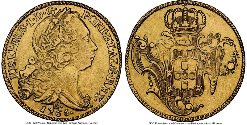 José I gold 6400 Reis 1765-R AU55 NGC, Rio de Janeiro mint, KM172.2, LMB-433. Th...