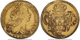 José I gold 6400 Reis 1774-R AU55 NGC, Rio de Janeiro mint, KM172.2, LMB-442. A handsome example with defined devices over goldenrod planchets. HID098...