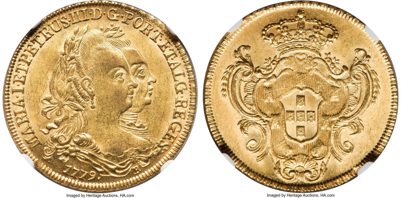 Maria I & Pedro III gold 6400 Reis (Peça) 1779-R MS61 NGC, Rio de Janeiro mint, ...