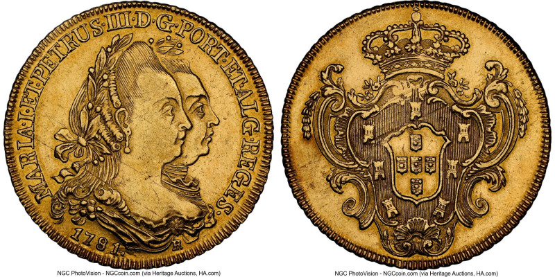 Maria I & Pedro III gold 6400 Reis 1781-R AU Details (Cleaned) NGC, Rio de Janei...