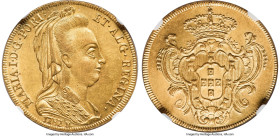 Maria I gold 6400 Reis (Peça) 1787/6-R MS61 NGC, Rio de Janeiro mint, KM218.1, cf. LMB-524 (unlisted overdate). Evenly rendered peripheries with intri...