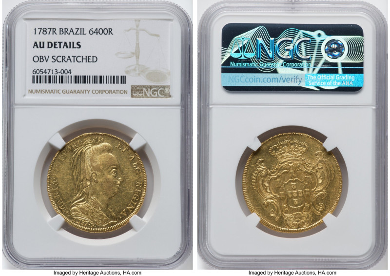 Maria I gold 6400 Reis (Peça) 1787-R AU Details (Obverse Scratched) NGC, Rio de ...