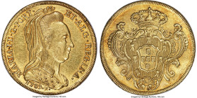 Maria I gold 6400 Reis (Peça) 1789-R AU (Mount Removed), Rio de Janeiro mint, KM218.1, LMB-526. 14.3gm. No-crossbar A in ALG variety. First type, wido...