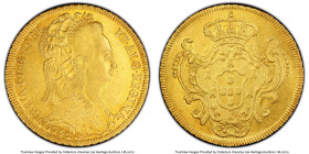 Maria I gold 6400 Reis (Peça) 1794-R AU58 PCGS, Rio de Janeiro mint, KM226.1, LMB-532. A blooming piece on the cusp of a Mint State designation. HID09...