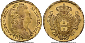Maria I gold 6400 Reis (Peça) 1798-R AU58 NGC, Rio de Janeiro mint, KM226.1, LMB-536. On the cusp of a Mint State designation, this offering boasts fl...