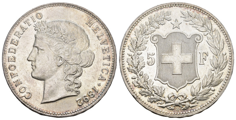 SCHWEIZ. EIDGENOSSENSCHAFT. 5 Franken 1892 B, Bern. 24.97 g. Divo 127. HMZ 2-119...