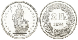 SCHWEIZ. EIDGENOSSENSCHAFT 2 Franken 1894 B, Bern 9.97 g. Divo 67. HMZ 2-1201 fast FDC Dieses Los unterliegt bei Auslieferung in der Schweiz der Marge...