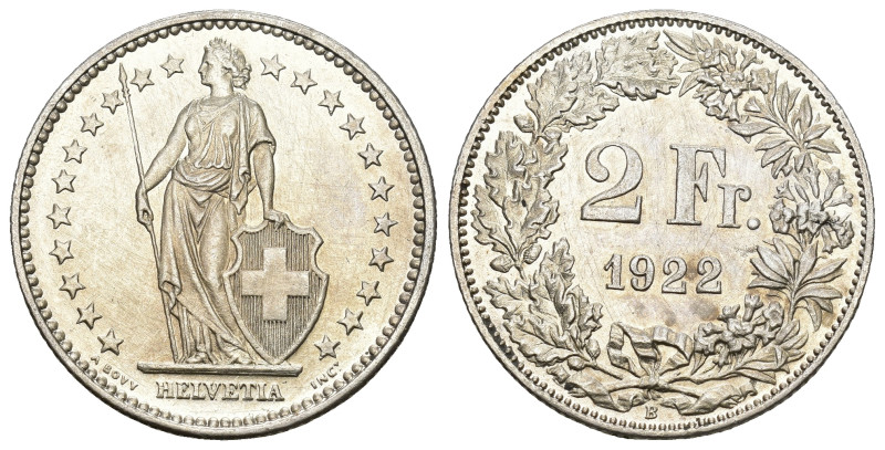 SCHWEIZ. EIDGENOSSENSCHAFT. 2 Franken 1922 B, Bern. 9.90 g. Divo 351. HMZ 2-1202...