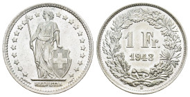 SCHWEIZ. EIDGENOSSENSCHAFT. 1 Franken 1943 B, Bern. 5.00 g. Divo 402. HMZ 2-1204 fast unzirkuliert Dieses Los unterliegt bei Auslieferung in der Schwe...