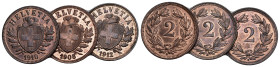 SCHWEIZ EIDGENOSSENSCHAFT 2 Rappen 1908,1910,1912 in Kupfer 3 Stk alle fast FDC Dieses Los unterliegt bei Auslieferung in der Schweiz der Margenbesteu...