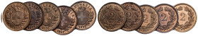 SCHWEIZ EIDGENOSSENSCHAFT 2 Rappen 1929,1931,1932,1934,1937 in Kupfer KM 4.1 5 Stk alle bis unzirkuliert Dieses Los unterliegt bei Auslieferung in der...