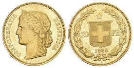 SCHWEIZ Eidgenossenschaft / Confederation 20 Franken 1888. Helvetiakopf mit Diadem nach links. Rv. Schweizer Wappenschild zwischen der geteilten Werta...