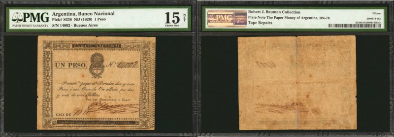 ARGENTINA. Banco Nacional. 1 Peso, ND (1826). P-S338. PMG Fine 15 Net. Tape Repa...