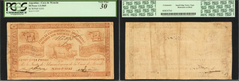 ARGENTINA. Casa de Moneda. Rosas Rarity. 50 Pesos, 1845. P-S393. PCGS Very Fine ...