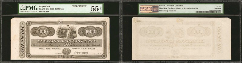 ARGENTINA. Estado de Buenos Ayres. 1000 Pesos, 1857. P-S427p. Proof. PMG About U...