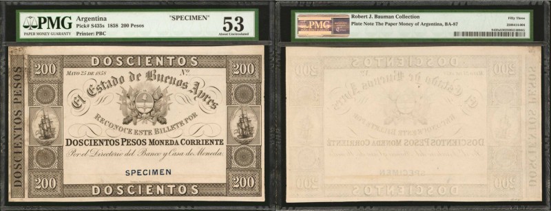 ARGENTINA. Estado de Buenos Ayres. 200 Pesos, 1858. P-S435s. Specimen. PMG About...