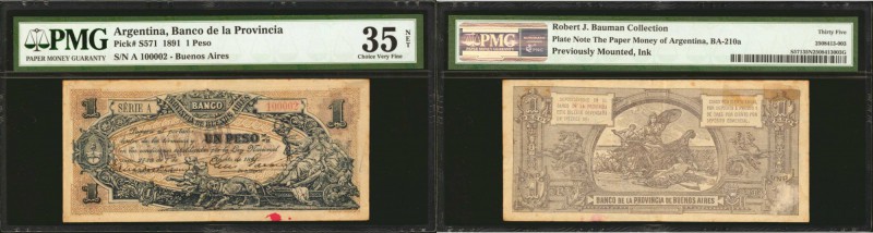 ARGENTINA. Banco de la Provincia de Buenos Ayres. 1 Peso, 1891. P-S571. PMG Choi...