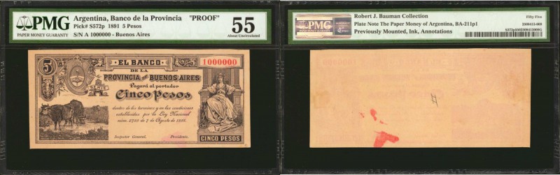 ARGENTINA. Banco de la Provincia de Buenos Ayres. 5 Pesos, 1891. P-S572p. Proof....