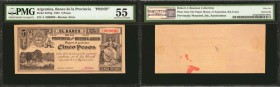 ARGENTINA. Banco de la Provincia de Buenos Ayres. 5 Pesos, 1891. P-S572p. Proof. PMG About Uncirculated 55.

(BA-211p)The Face proof of this note is...