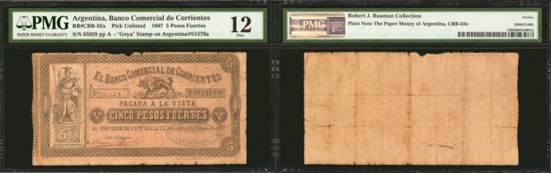 ARGENTINA. Banco Comercial de Corrientes. 5 Pesos, 1867. P-UNL. PMG Fine 12.

...