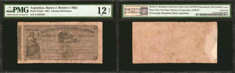 ARGENTINA. Banco J. Benites e Hijo. 2 Reales, 1867. P-S1553. PMG Fine 12 Net. Pr...