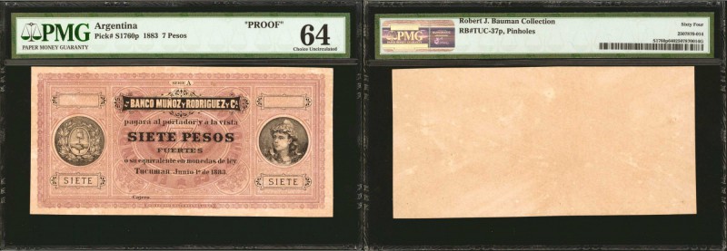 ARGENTINA. Banco Munoz y Rodriguez. 7 Pesos Fuertes, 1883. P-S1760p. Proof. PMG ...