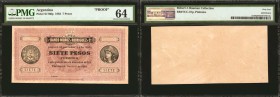 ARGENTINA. Banco Munoz y Rodriguez. 7 Pesos Fuertes, 1883. P-S1760p. Proof. PMG Choice Uncirculated 64.

(TUC-37p) The company ordered this odd deno...