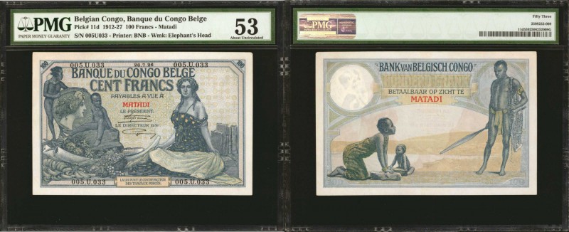 BELGIAN CONGO. Banque du Congo Belge. 100 Francs, 1926. P-11d. PMG About Uncircu...