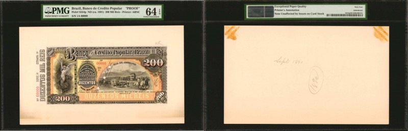 BRAZIL. Banco de Credito Popular. 200 Mil Reis, ND (1891). P-S556p. Proof. PMG C...