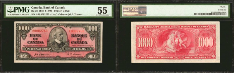 CANADA. Bank of Canada. 1000 Dollars, 1937. BC-28. PMG About Uncirculated 55.
...