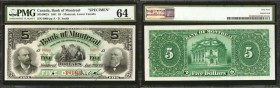 CANADA. Bank of Montreal. 5 Dollars, 1891. CH-505-40-02S. Specimen. PMG Choice Uncirculated 64.

Specimen overprints, serial numbers and punch cance...