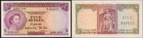 CEYLON. Central Bank of Ceylon. 5 Rupees, 1952. P-51. Uncirculated.

A bright purple 1952 5 Rupees from Ceylon with a young Queen Elizabeth II pictu...