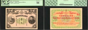 CHINA--EMPIRE. Sin Chun Bank. 1 Dollar, 1908. P-UNL. Remainder. PCGS Currency Gem New 66 PPQ.

(S/M #H186-1a) Remainder. Shanghai. A Gem 66 note whi...
