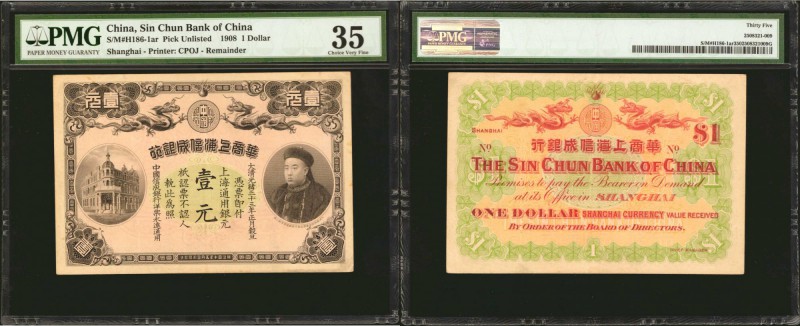 CHINA--EMPIRE. Sin Chun Bank of China. 1 Dollar, 1908. P-UNL. Remainder. PMG Cho...