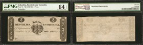 COLOMBIA. Republica de Colombia. 2 Pesos, 1820-29. P-6r. Remainder. PMG Choice Uncirculated 64 EPQ.

Uncirculated and completely original. Bolivar a...