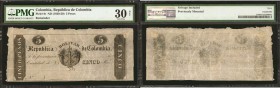 COLOMBIA. Republica de Colombia. 5 Pesos, ND (1820-29). P-8r. Remainder. PMG Very Fine 30 Net. Previously Mounted.

Selvage included. Previously Mou...