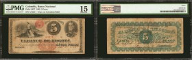 COLOMBIA. Banco Nacional. 5 Pesos, 1880. P-S627. PMG Choice Fine 15.

A Choice Fine offering of an Colombian 5 Pesos 1899 note. Simon Bolivar is see...