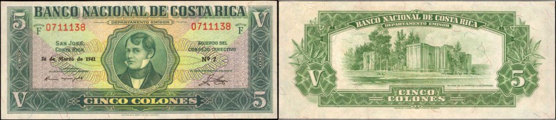COSTA RICA. Banco Nacional de Costa Rica. 5 Colones, 1941. P-204. Uncirculated....