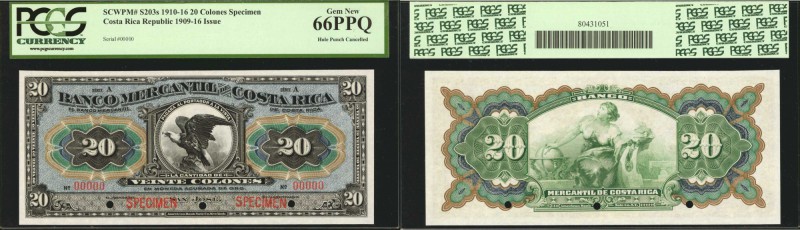 COSTA RICA. Banco Mercantil de Costa Rica. 20 Colones, 1910-16. Hole Punch Cance...