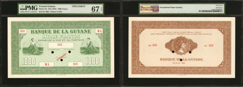 FRENCH GUIANA. Banque de la Guyane. 1000 Francs, ND (1942). P-15s. Specimen. PMG...