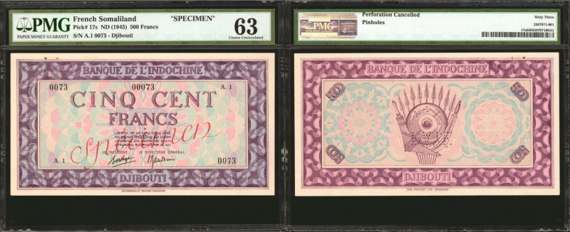 FRENCH SOMALILAND. Banque de l'Indochine 500 Francs, ND (1945). P-17s. Specimen....