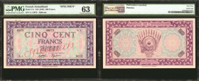 FRENCH SOMALILAND. Banque de l'Indochine 500 Francs, ND (1945). P-17s. Specimen. PMG Choice Uncirculated 63.

There are 2 Proofs, and 1 issued examp...