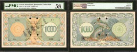 FRENCH SOMALILAND. Banque de l'Indochine 1000 Francs, ND (1945). P-18. PMG Choice About Uncirculated 58.

Punch hole and stamp cancelled. A rare Pal...