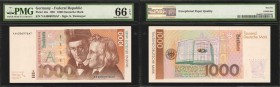 GERMANY, FEDERAL REPUBLIC. Deutsche Bundesbank. 1000 Deutsche Mark, 1991. P-44a. PMG Gem Uncirculated 66 EPQ.

Excellent centering with the Tietmeye...