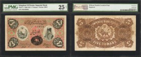 IRAN. Imperial Bank. 5 Tomans, 1890-1923. P-3. PMG Very Fine 25 Net. Repaired.

Without payable location overprint. A striking note which is seldom ...