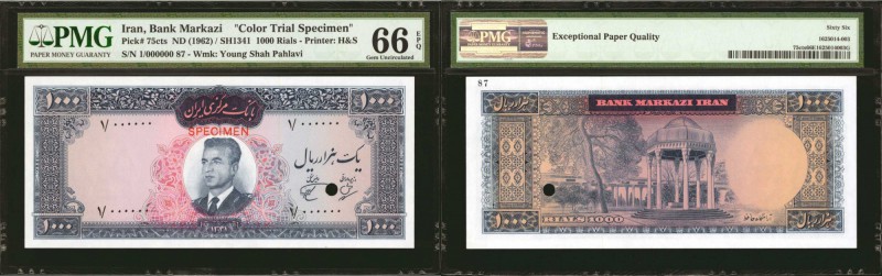 IRAN. Bank Markazi. 1000 Rials, ND (1962). P-75cts. Color Trial Specimen. PMG Ge...