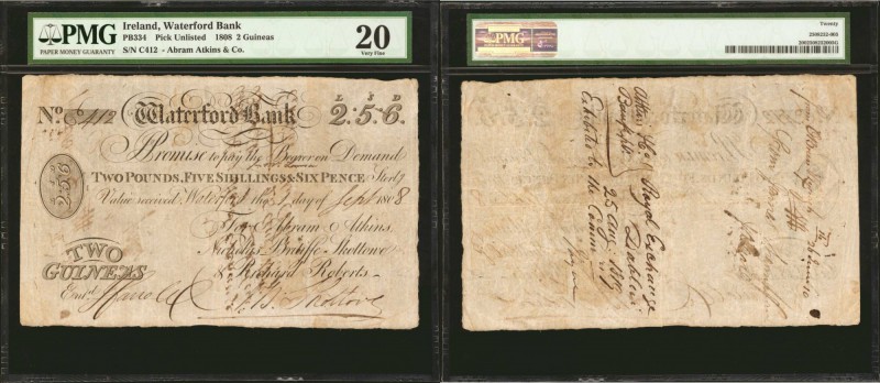 IRELAND. Waterford Bank. 2 Guineas, 1808. P-UNL. PMG Very Fine 20.

(PB334) A ...