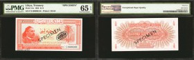 LIBYA. Kingdom of Libya. 1/4 Libyan Pound, 1952. P-14s. Specimen. PMG Gem Uncirculated 65 EPQ.

Specimen. TDLR. King Idris pictured at left. Black s...
