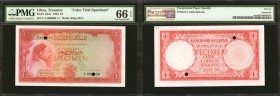 LIBYA. Kingdom of Libya. 1 Pound, 1952. P-16cts. Color Trial Specimen. PMG Gem Uncirculated 66 EPQ.

Specimen overprints, serial numbers and punch c...