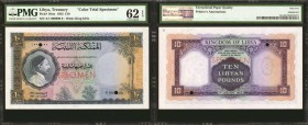 LIBYA. Kingdom of Libya. 10 Pounds, 1952. P-18cts. Color Trial Specimen. PMG Uncirculated 62 EPQ.

Specimen overprints, serial numbers and punch can...
